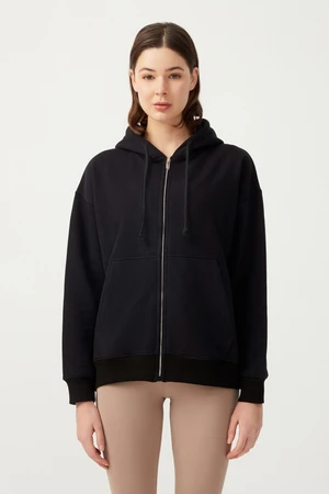 LOS OJOS Women's Black Oversized Hooded Rack Zipper Knitted Sweatshirt.