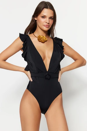 Trendyol Black Belted Deep-Decollete High Leg Swimsuit