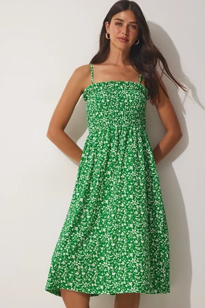 Happiness İstanbul Women's Green Viscose Summer Dress with Straps and Flowers