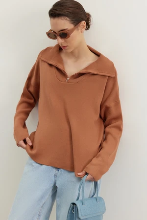 Trendyol Tile Wide Fit Zippered Basic Knitwear Sweater