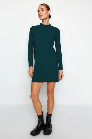 Trendyol Emerald Green Crepe Fabric Stand Up Mini Knitted Mini Dress With Pocket Look