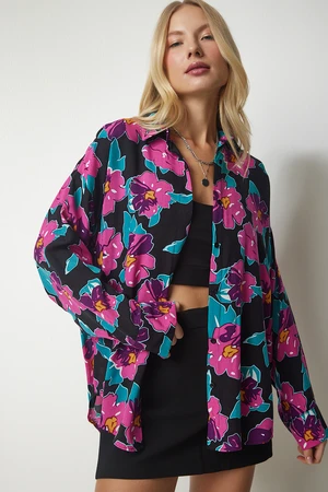 Happiness İstanbul Women's Black Pink Patterned Oversized Flowy Viscose Shirt