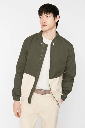 Trendyol Limited Edition Beige Men's Bomber Collar Long Sleeve Color Block Double Pocket Jacket.