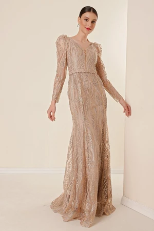 By Saygı V-Neck, Long Sleeves, Lined, Wide fit, Silvery Flocked Printed Long Dress Gold