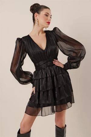 By Saygı V-Neck Lined Organza Dress With Ruffles Black