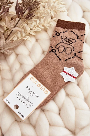 Youth warm socks with teddy bear, brown