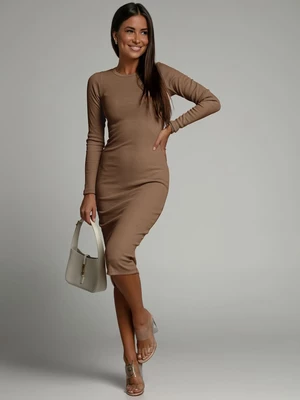 Basic ribbed dress with long sleeves, camel color