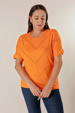 By Saygı Plus Size Blouse with Bat Short Sleeves and Stone Print on the Front.