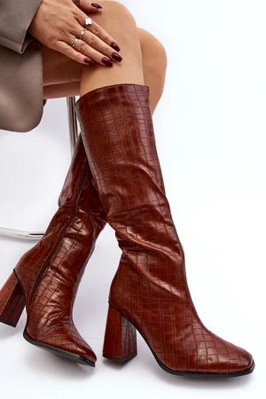 Brown women's high-heeled boots with decorative Vabaria embossing