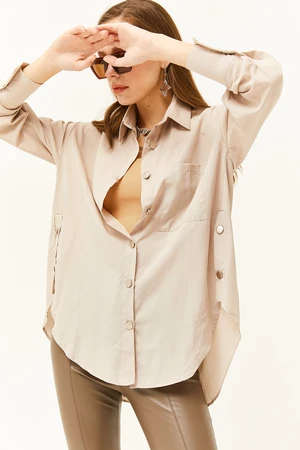 Olalook Women's Beige Oversized Woven Shirt with Buttons at the Sides