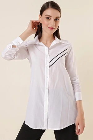 By Saygı White Tunic Shirt with Bias Stripes on One Side