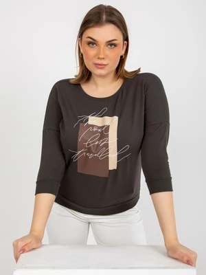 Khaki size plus blouse with lettering and 3/4 sleeves