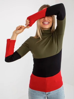 Khaki-red women's basic blouse with ribbed turtleneck