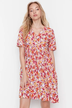 Trendyol Ecru Straight Cut Mini Woven Floral Pattern Woven Dress