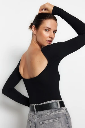 Trendyol Black Cotton Stretchy Decollete Fitted/Fit blúz