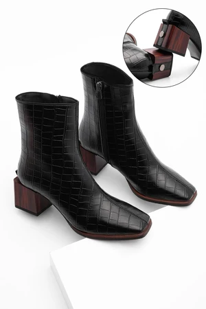 Marjin Women's Heeled Boots&bootie Flat Toe Wooden Pattern Heels Zippered Daily Classic Boots Counting Black Croco.