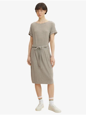 White-khaki Women's Striped Midi-Dresses with Tie Tom Tailor - Ladies