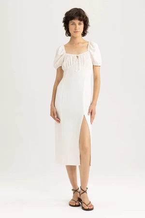 DEFACTO A Cut V-Neck linen Balloon Sleeves Midi Short Sleeve Woven Dress