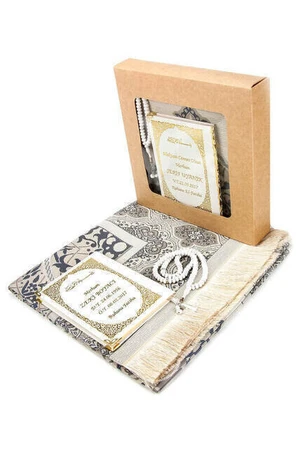 Name Printed Hardli Yasin Book - Seccadeli - Rosary - Boxed - Gray - Mevlit Gift Set