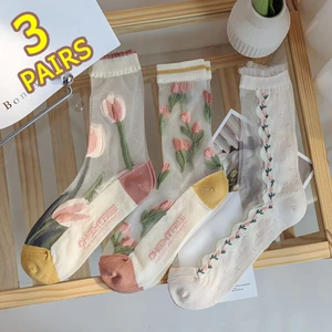 3 Pairs Ultra-Thin Transparent Crystal Silk Socks Women Fashion Summer Harajuku Socks Retro Flower Streetwear Elastic Long Socks