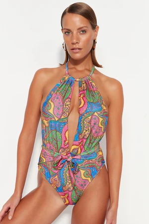 Trendyol Paisley Patterned Halterneck Connected Regular Leg Swimsuit