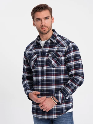 Ombre Men's checkered flannel shirt with pockets - navy blue and red