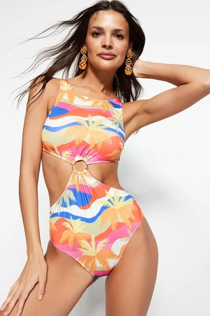 Trendyol Tropical Patterned Halterneck Cut Out/Windowed Regular Leg Swimsuit