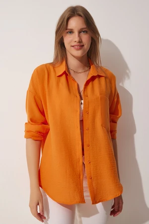 Happiness İstanbul Women's Orange Oversize Linen Airon Shirt