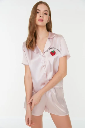 Trendyol Powder Embroidered Satin Shirt-Shorts Woven Pajamas Set