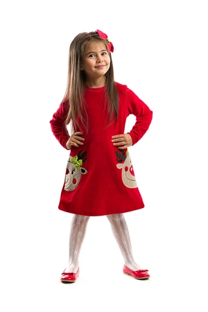 Denokids Dívčí červené vánoční šaty s motivem dvojčat jelena z veluru