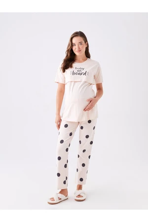 LC Waikiki Crew Neck Printed Short Sleeve Maternity Pajamas Set