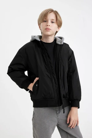 DEFACTO Boys Water Repellent Detachable Hood College Collar Zippered Ribbed Sleeve Bomber Jacket