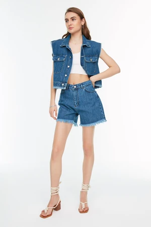 Trendyol Blue Tasseled Denim Shorts