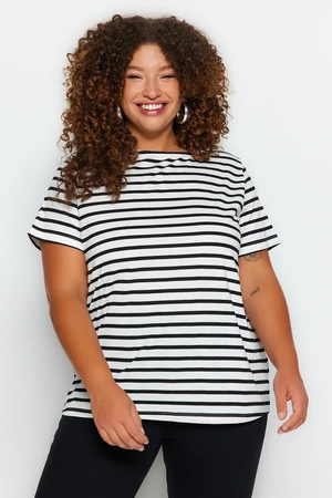 Trendyol Curve Black and White Striped Boat Neck Knitted T-shirt