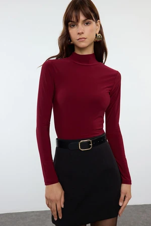 Trendyol Burgundy Fitted Long Sleeve Stand Collar Ribbed Stretchy Knitted Blouse