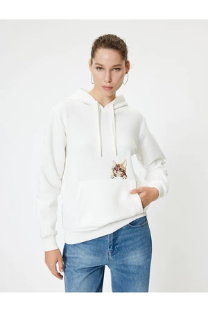 Koton Oversize Hooded Sweatshirt with Pocket Detail and Cat Embroidery