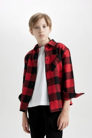 DEFACTO Boy Oversize Wide Pattern Polo Collar Cotton Long Sleeve Plaid Shirt