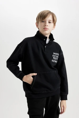 DEFACTO Boy Black Oversize Wide Pattern Turtleneck Printed Sweatshirt