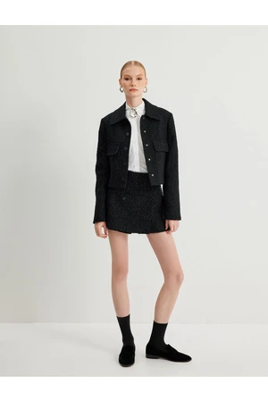 Koton Crop Tweed Jacket Shirt Collar Flap Pocket Detail