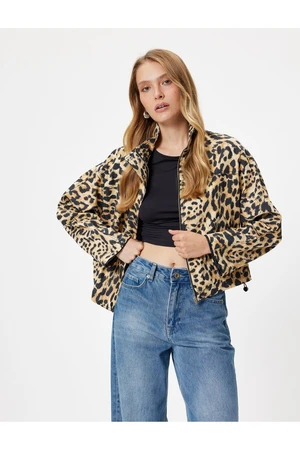 Koton Leopard Patterned Zippered Stand Collar Jacket