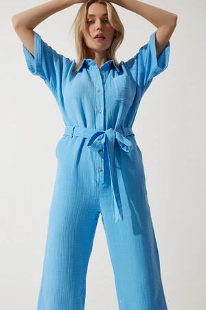 Happiness İstanbul Women's Blue Premium Belted Muslin Jumpsuit