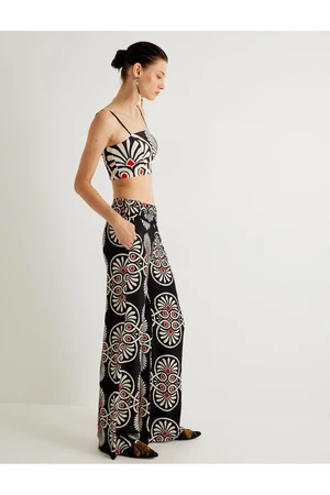 Koton X Melis Ağazat - Wide Leg Trousers High Waist Ethnic Patterned Pocket Viscose Fabric