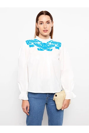 LC Waikiki High Collar Embroidered Long Sleeve Oversize Women's Blouse