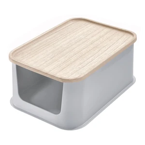 Sivý úložný box s vekom z dreva paulownia iDesign Eco Open, 21,3 x 30,2 cm