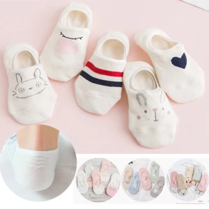 5Pairs New Harajuku Women Socks Funny Kawaii Animals Cute Happy Silicone Slip Invisible Cotton Sock Summer Socks Slippers 35-40