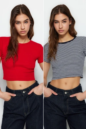 Trendyol Navy Blue Striped-Red Plain 2-Pack Fitted/Simple Crop Corduroy Knit Blouse