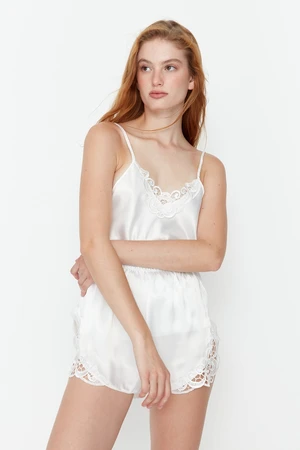 Trendyol Ecru Lace Detailed Rope Strap Satin Woven Pajama Set