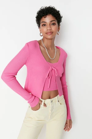 Trendyol Pink Crop kravata Detailná blúzka-sveter Sada pletenín Sveter