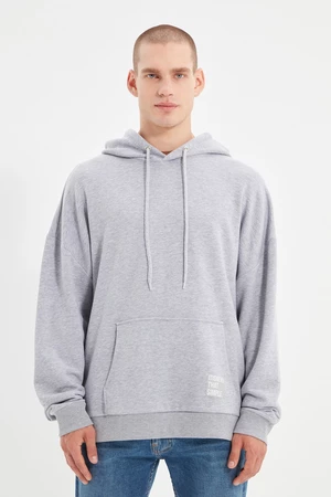 Trendyol Basic Gray Oversize/Wide-Fit Hooded Labeled Fleece Inner Cotton Sweatshirt