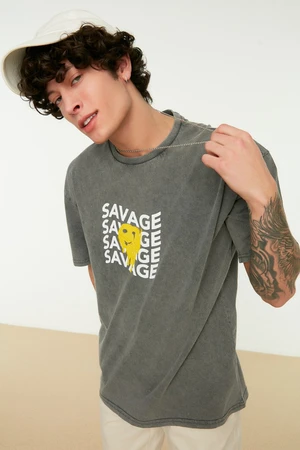 Trendyol Anthracite Oversize/Wide Cut Faded Effect Text Printed 100% Cotton T-Shirt